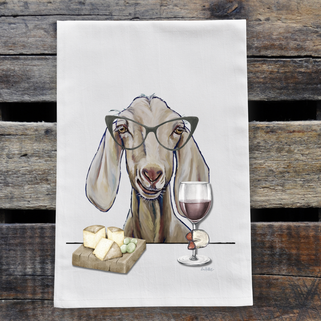 Goat With Wine Tea Towel - Goat Kitchen Decor - Goat Kitchen Towel