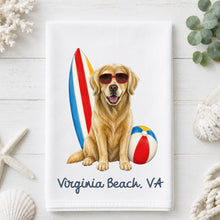 Load image into Gallery viewer, Coastal Golden Retriever Tea Towel - Golden Retriever l Kitchen Towel - Option to Personalize
