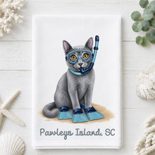 Load image into Gallery viewer, Coastal Gray Cat Tea Towel - Cat Kitchen Towel - Option to Personalize
