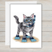 Load image into Gallery viewer, Coastal Fluffy Gray Tabby Cat Greeting Card - Beach Cat Greeting Cards
