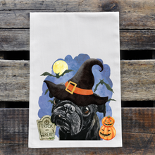 Load image into Gallery viewer, Dog Tea Towel &#39;Black Pug&#39;, Halloween Decor
