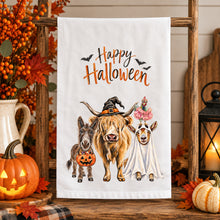 Load image into Gallery viewer, Halloween Farm Animals Tea Towel, Cute Halloween Cow, Goat , Chicken and Donkey Kitchen Towel
