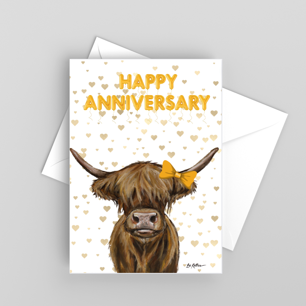 Highland Cow Greeting Card 'Happy Anniversary', Cute Cow Card