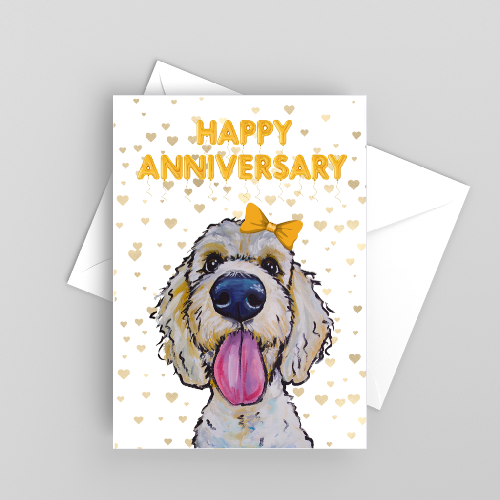 White Doodle Greeting Card 'Happy Anniversary', Cute Dog Card