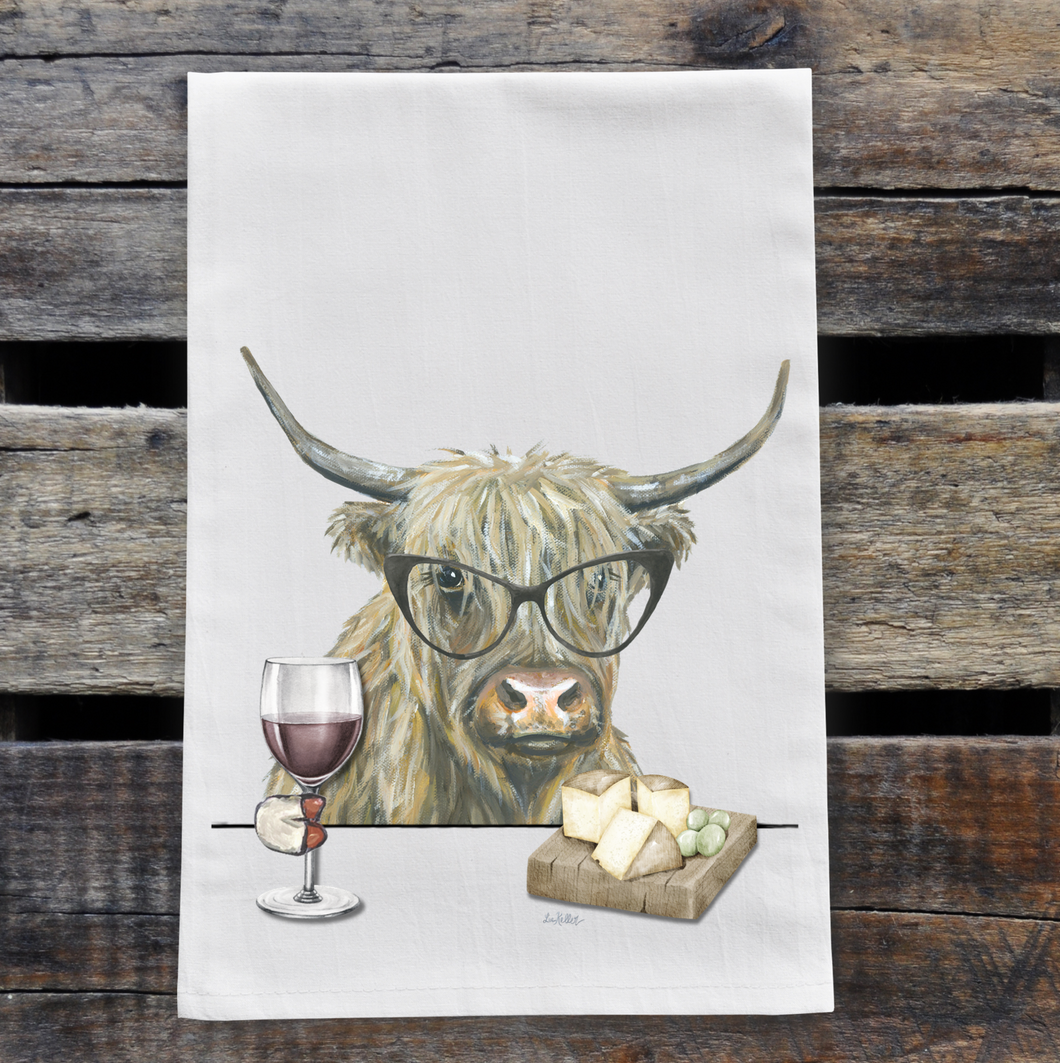 Highland Cow With Wine Towel, Highland Cow Kitchen Decor