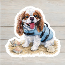 Load image into Gallery viewer, King Charles Spaniel Vinyl Sticker - 4" Coastal Dog Stickers - Beach Themed
