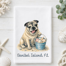 Load image into Gallery viewer, Coastal Pug Tea Towel - Pug Kitchen Towel - Option to Personalize
