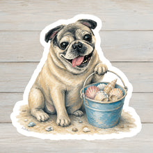 Load image into Gallery viewer, Pug Vinyl Sticker - 4" Coastal Dog Stickers - Beach Themed
