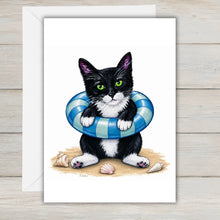 Load image into Gallery viewer, Coastal Tuxedo Cat Greeting Card - Beach Cat Greeting Cards
