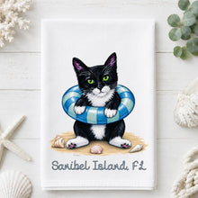 Load image into Gallery viewer, Coastal Tuxedo Cat Tea Towel - Cat Kitchen Towel - Option to Personalize

