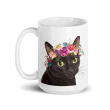 Load image into Gallery viewer, Cat Mug &#39;Black Cat&#39;, Cat Coffee Mug, 15oz Bright Blooms Cat Mug
