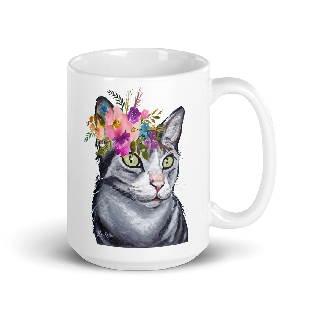 Cat Mug 'Skinny Grey Cat', Cat Coffee Mug, 15oz Bright Blooms Cat Mug