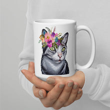 Load image into Gallery viewer, Cat Mug &#39;Skinny Grey Cat&#39;, Cat Coffee Mug, 15oz Bright Blooms Cat Mug
