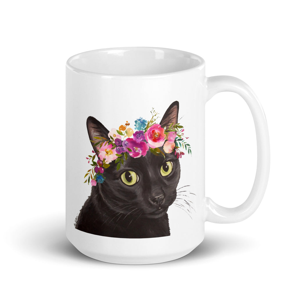 Cat Mug 'Black Cat', Cat Coffee Mug, 15oz Bright Blooms Cat Mug