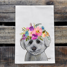 Load image into Gallery viewer, Bichon Tea Towel, Bright Blooms Flower Crown, Spring Decor
