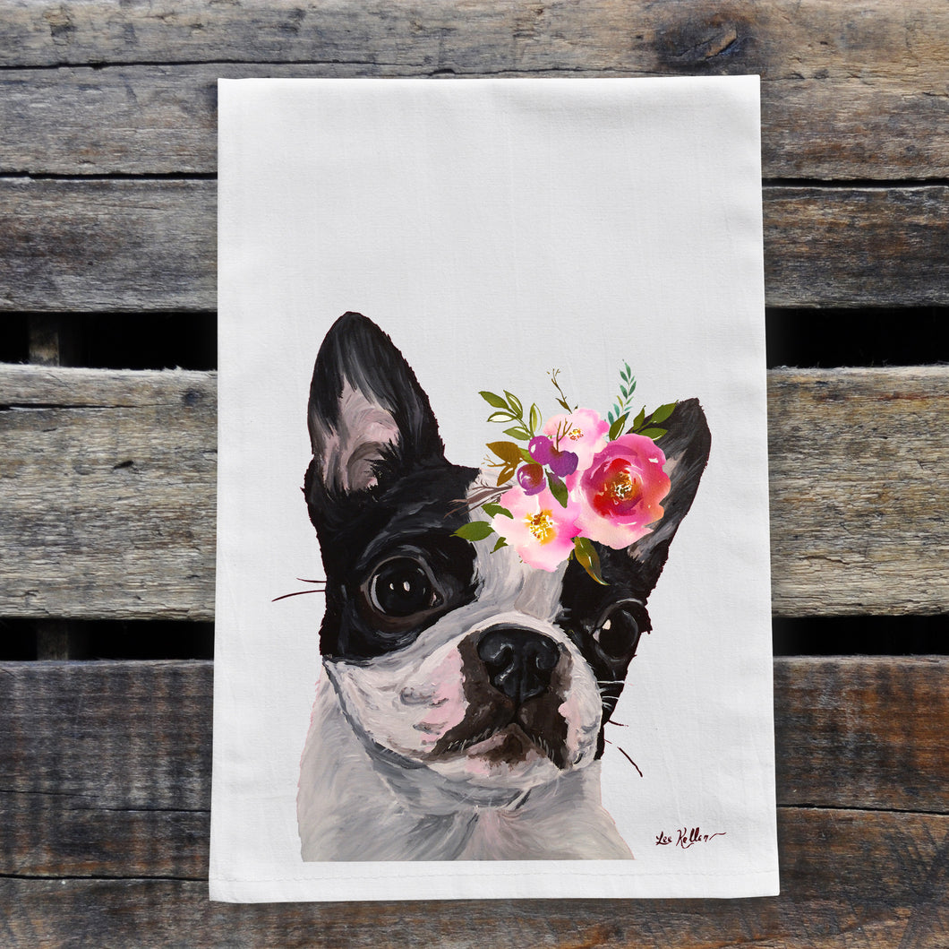 Boston Terrier Tea Towel, Bright Blooms Flower Crown, Spring Decor