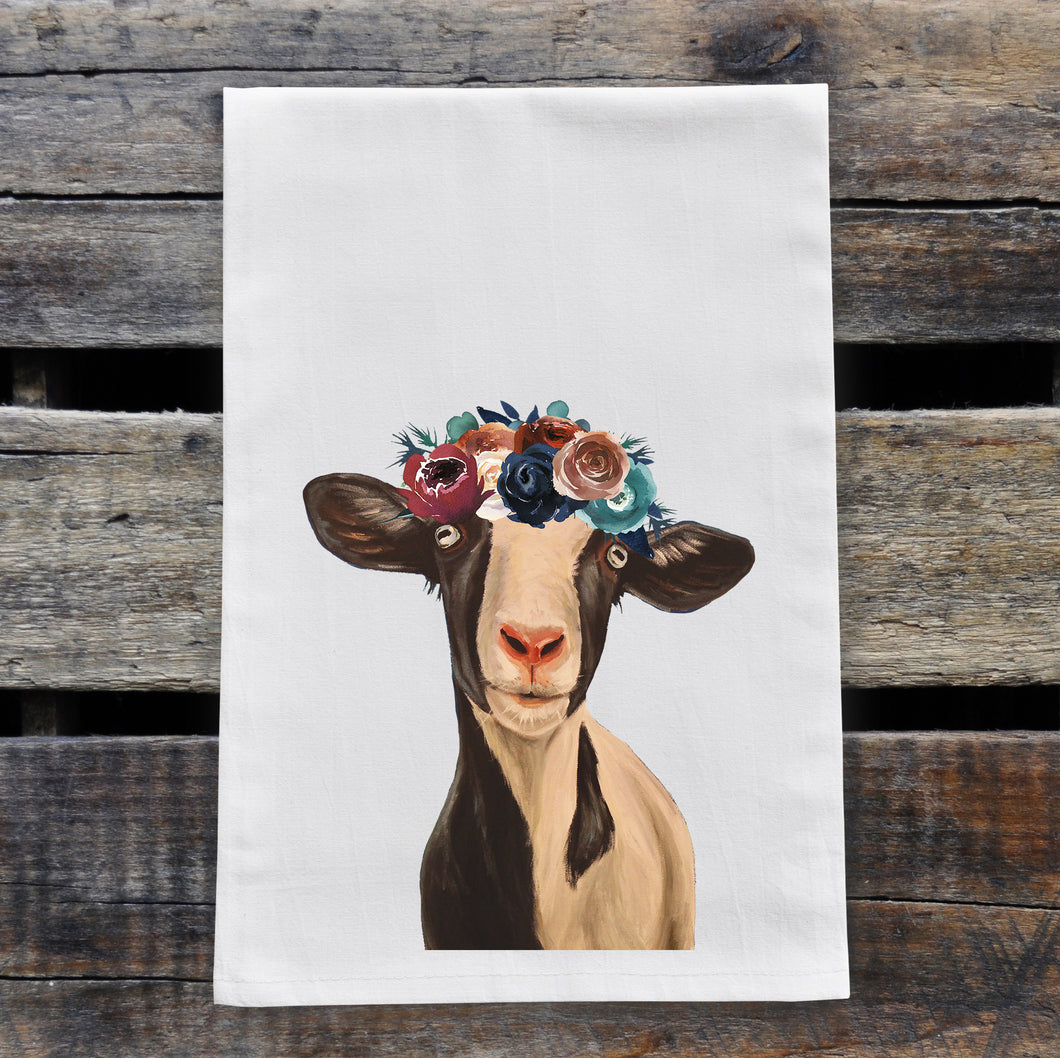 Goat Towel 'Luna' Dark Boho Flowers, Farmhouse Kitchen Decor