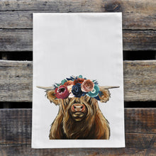 Load image into Gallery viewer, Highland Cow Towel, Dark Boho Flowers, Farmhouse Kitchen Decor
