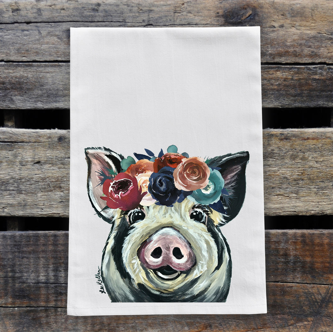 Pig Towel 'Sarge' Dark Boho Flowers, Farmhouse Kitchen Decor