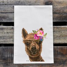 Load image into Gallery viewer, Alpaca Tea Towel &#39;Fudge&#39;, Bright Blooms Flower Crown, Spring Decor
