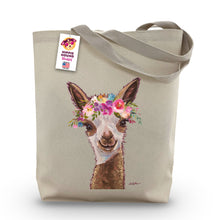 Load image into Gallery viewer, Alpaca Tote Bag &#39;Rosie&#39;, Bright Blooms Flower Crown, Spring Tote Bag
