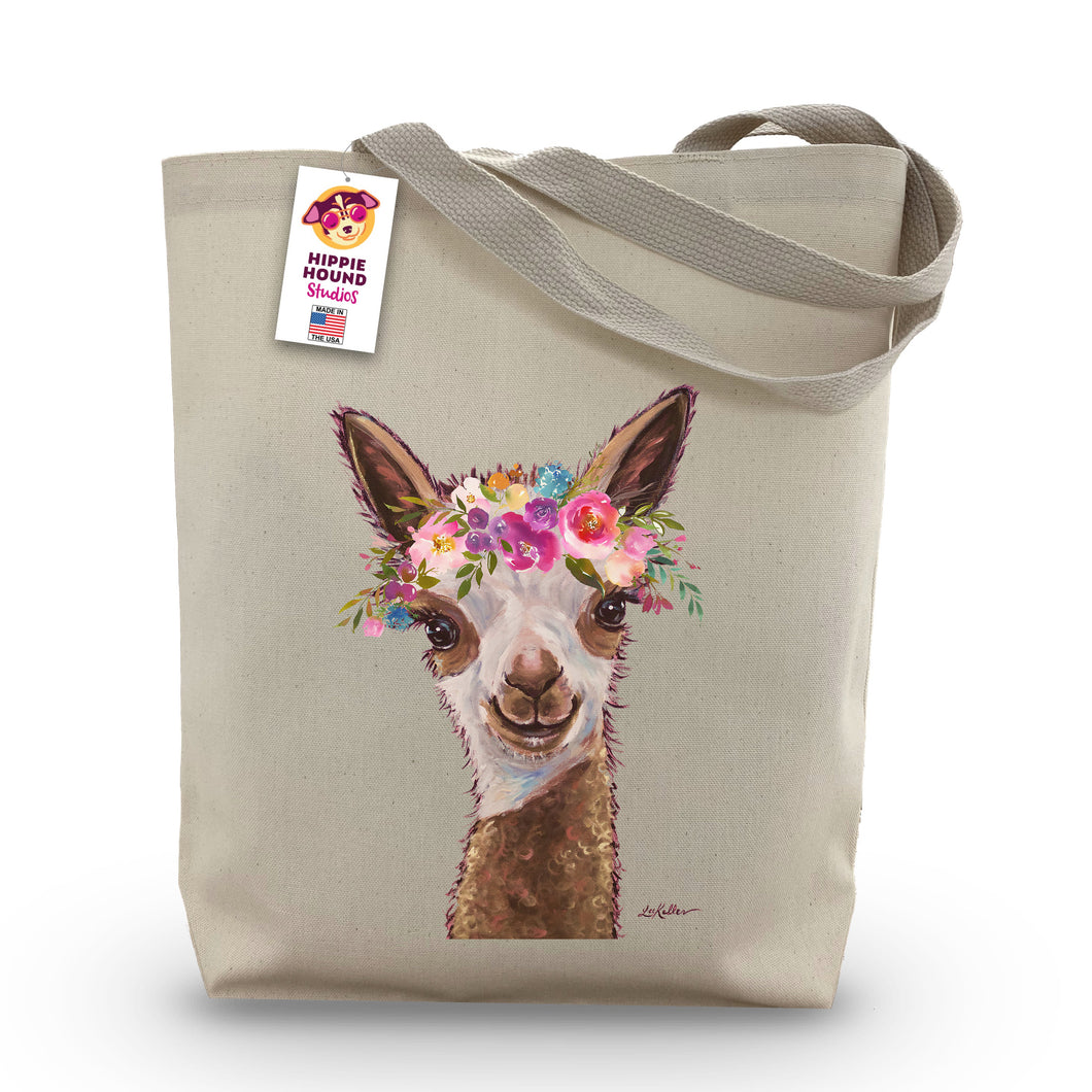 Alpaca Tote Bag 'Rosie', Bright Blooms Flower Crown, Spring Tote Bag