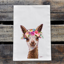 Load image into Gallery viewer, Alpaca Tea Towel &#39;Rosie&#39;, Bright Blooms Flower Crown, Spring Decor
