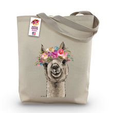 Load image into Gallery viewer, Alpaca Tote Bag &#39;Shenanigan&#39;, Bright Blooms Flower Crown, Spring Tote Bag
