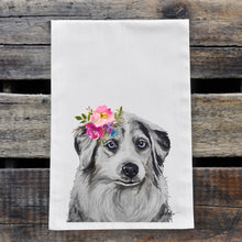 Load image into Gallery viewer, Australian Shepherd Tea Towel, Bright Blooms Flower Crown, Spring Decor
