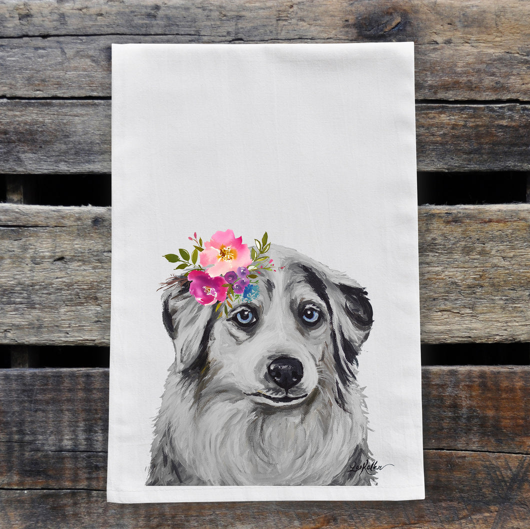 Australian Shepherd Tea Towel, Bright Blooms Flower Crown, Spring Decor