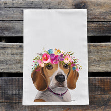 Load image into Gallery viewer, Beagle Tea Towel, Bright Blooms Flower Crown, Spring Decor
