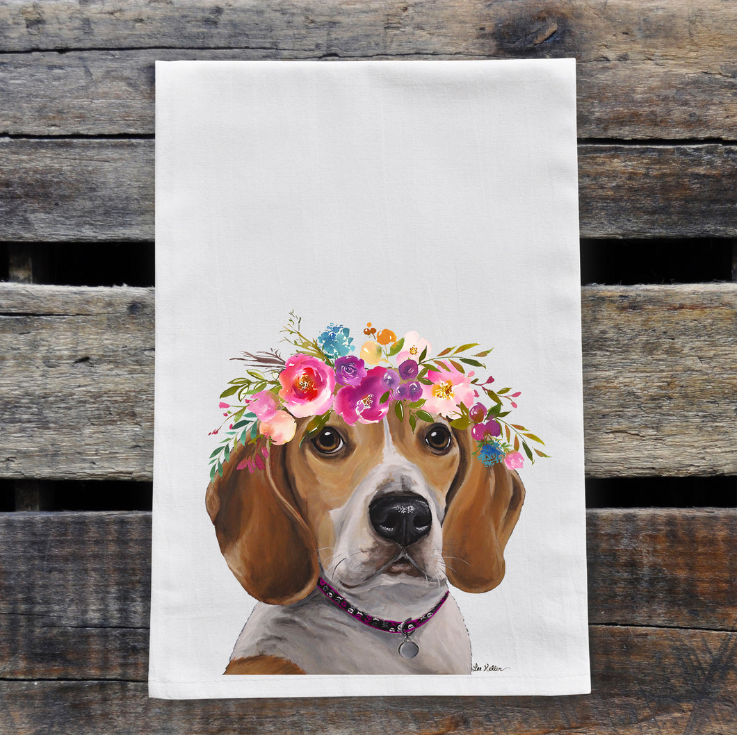 Beagle Tea Towel, Bright Blooms Flower Crown, Spring Decor