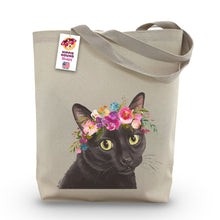 Load image into Gallery viewer, Black Cat Tote Bag, Bright Blooms Flower Crown , Spring Tote Bag
