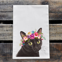 Load image into Gallery viewer, Black Cat Tea Towel, Bright Blooms Flower Crown, Spring Decor
