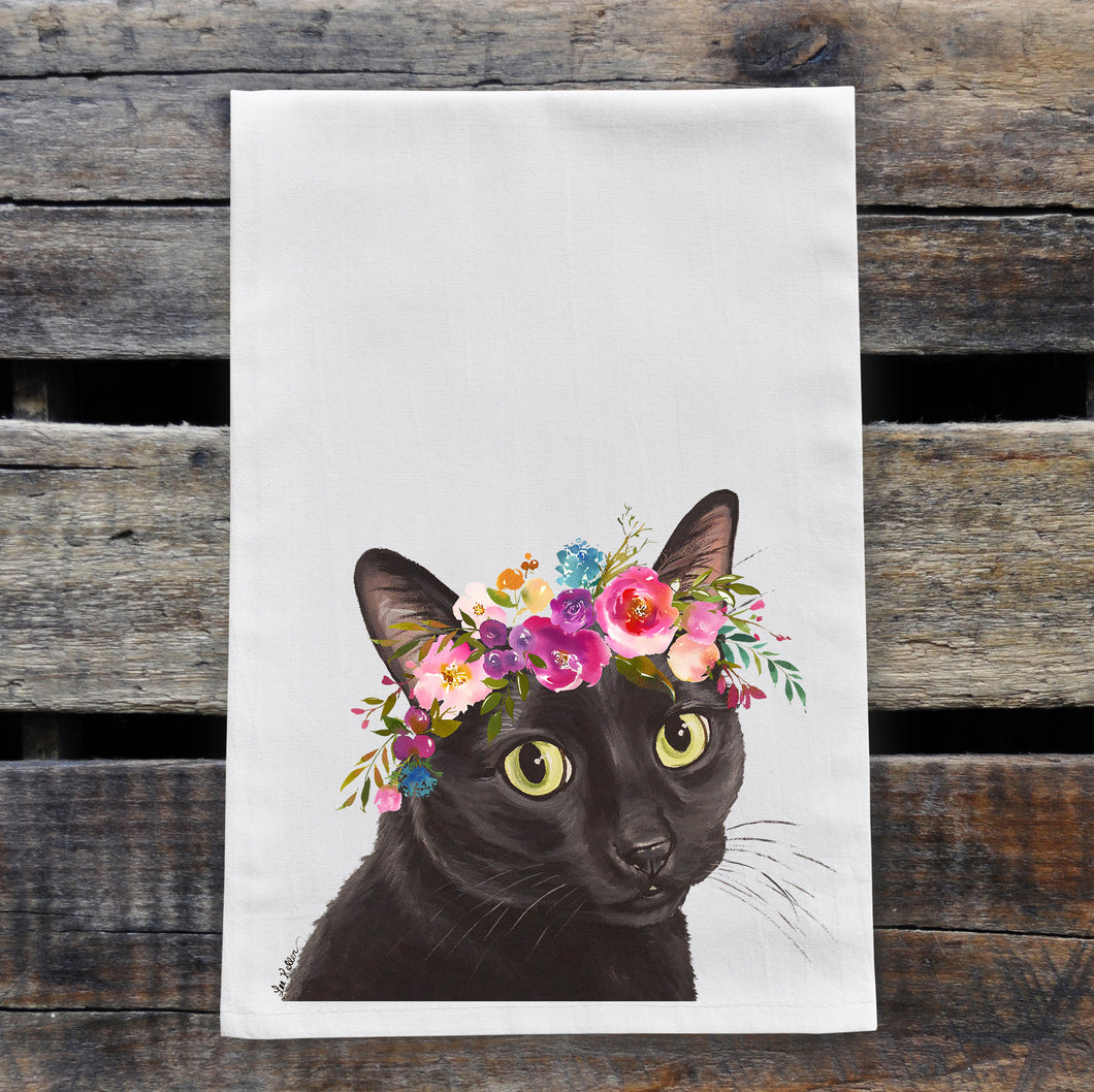 Black Cat Tea Towel, Bright Blooms Flower Crown, Spring Decor