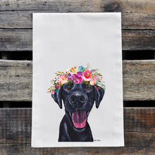 Load image into Gallery viewer, Black Lab Tea Towel, Bright Blooms Flower Crown, Spring Decor
