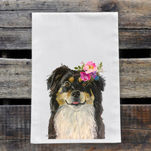 Load image into Gallery viewer, Border Collie Tea Towel, Bright Blooms Flower Crown, Spring Decor

