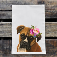 Load image into Gallery viewer, Boxer Tea Towel, Bright Blooms Flower Crown, Spring Decor
