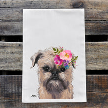 Load image into Gallery viewer, Brussels Griffon Tea Towel, Bright Blooms Flower Crown, Spring Decor
