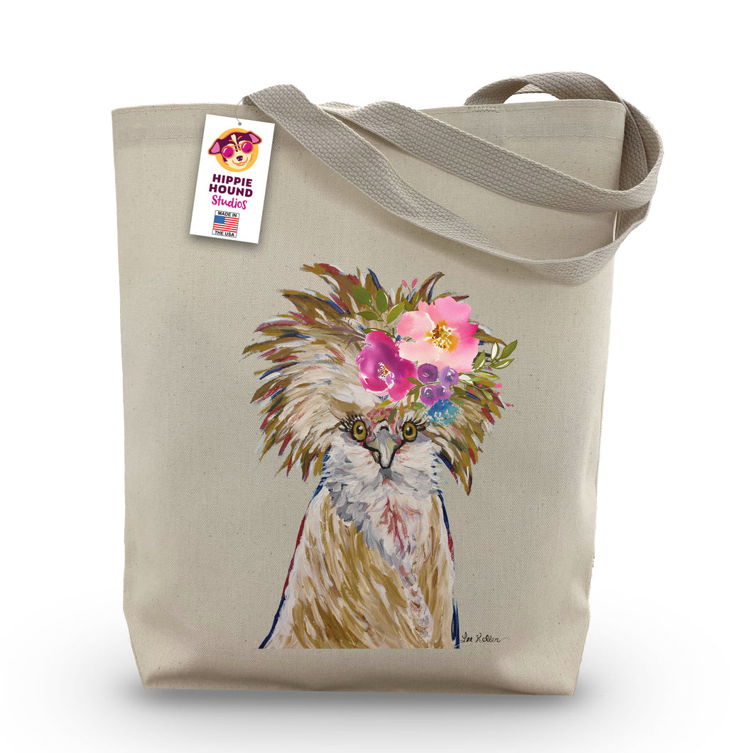 Chicken Tote Bag 'Lola', Bright Blooms Flower Crown, Spring Tote Bag