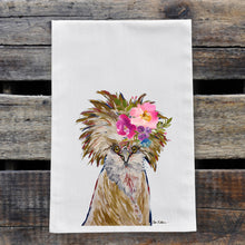 Load image into Gallery viewer, Chicken Tea Towel &#39;Lola&#39;, Bright Blooms Flower Crown, Spring Decor
