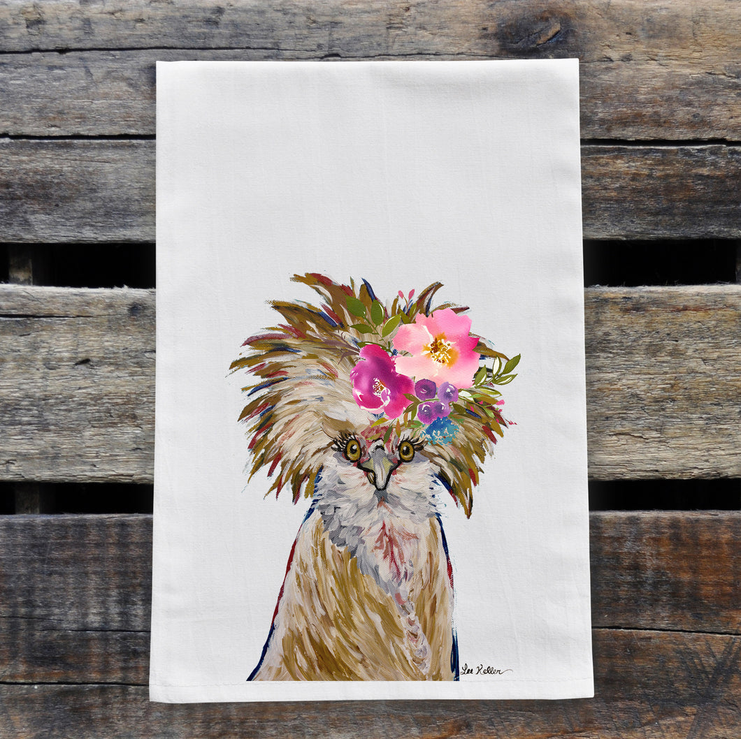 Chicken Tea Towel 'Lola', Bright Blooms Flower Crown, Spring Decor