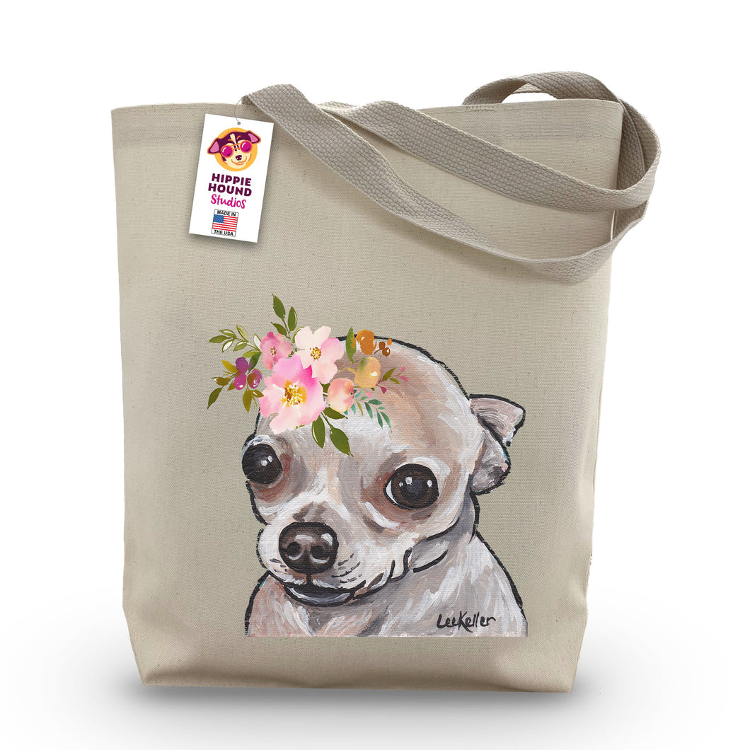 Chihuahua Tote Bag, Bright Blooms Flower Crown, Spring Tote Bag