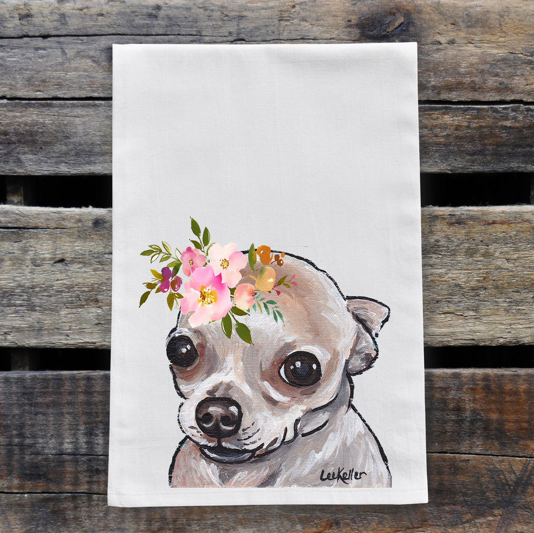Chihuahua Tea Towel, Bright Blooms Flower Crown, Spring Decor