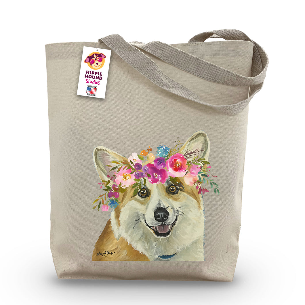 Corgi Tote Bag, Bright Blooms Flower Crown, Spring Tote Bag