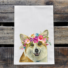 Load image into Gallery viewer, Corgi Tea Towel, Bright Blooms Flower Crown, Spring Decor
