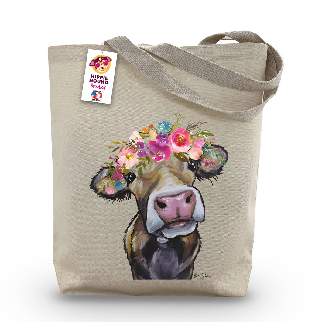 Cow Tote Bag 'Hazel', Bright Blooms Flower Crown, Spring Tote Bag