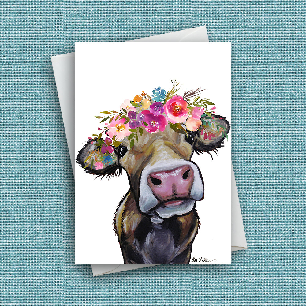 Bright Blooms Cow Greeting Card 'Hazel', Cute Cow Greeting Card