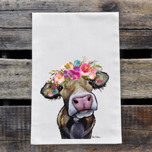 Load image into Gallery viewer, Cow Tea Towel &#39;Hazel&#39;, Bright Blooms Flower Crown, Spring Decor

