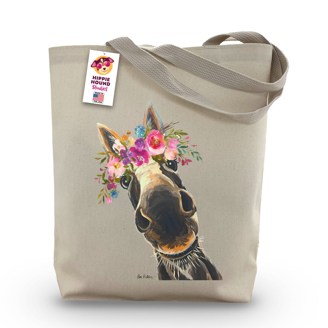 Donkey Tote Bag 'Snickers', Bright Blooms Flower Crown, Spring Tote Bag